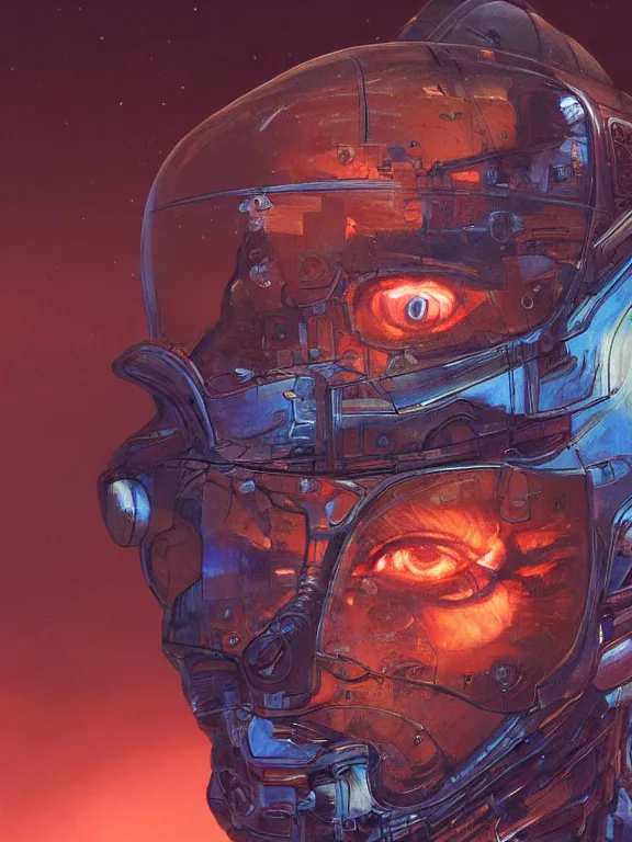 Image similar to closeup portrait of a transparent cyborg ( hamster ), crushed ship, cinematic light, backlight glow, red sky blue, mist, by mikhail vrubel, by philippe druillet, by peter elson, by gerald brom, muted colors, extreme detail, trending on artstation, 8 k