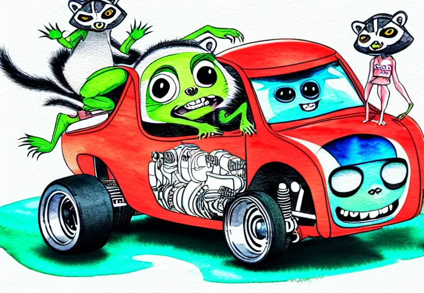 Image similar to cute and funny, racoon riding in a tiny hot rod coupe with oversized engine, ratfink style by ed roth, centered award winning watercolor pen illustration, isometric illustration by chihiro iwasaki, edited by range murata