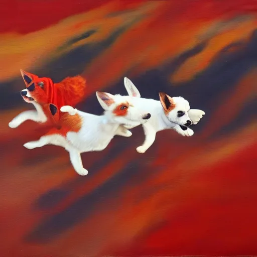 Image similar to 3 toy fox terriers flying a biplane, wearing red scarves flapping in wind, dramatic oil painting, aperture gradient