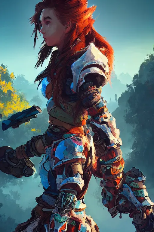 Image similar to combination suit armor aloy horizon forbidden west horizon zero dawn radiating a glowing aura global illumination ray tracing hdr fanart arstation by ian pesty and alena aenami artworks in 4 k tribal robot ninja mask helmet backpack