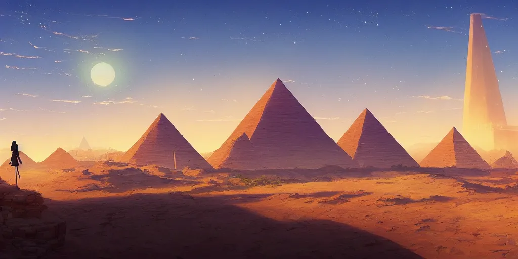Image similar to a stunning desert landscape with a towering pyramid on the horizon by makoto shinkai