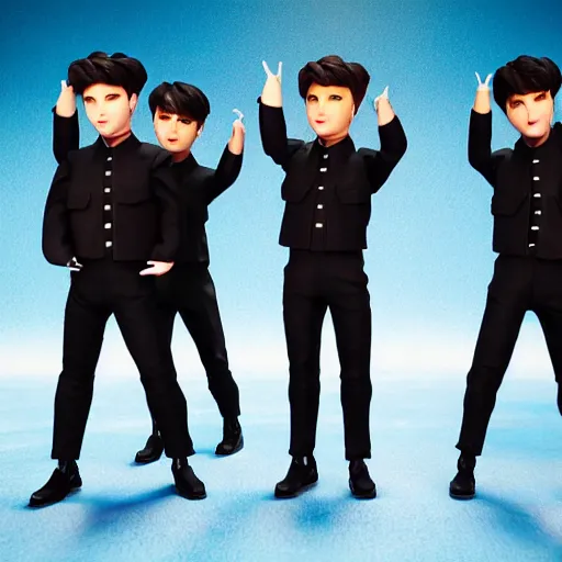 Image similar to bts boy band dolls on stage with screaming kim jong un octane render