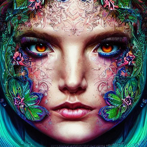 Image similar to portrait of danneel ackles, hyper detailed masterpiece, neon floral pattern, jean giraud, digital art painting, darkwave goth aesthetic, psychedelic, artgerm, donato giancola and tom bagshaw