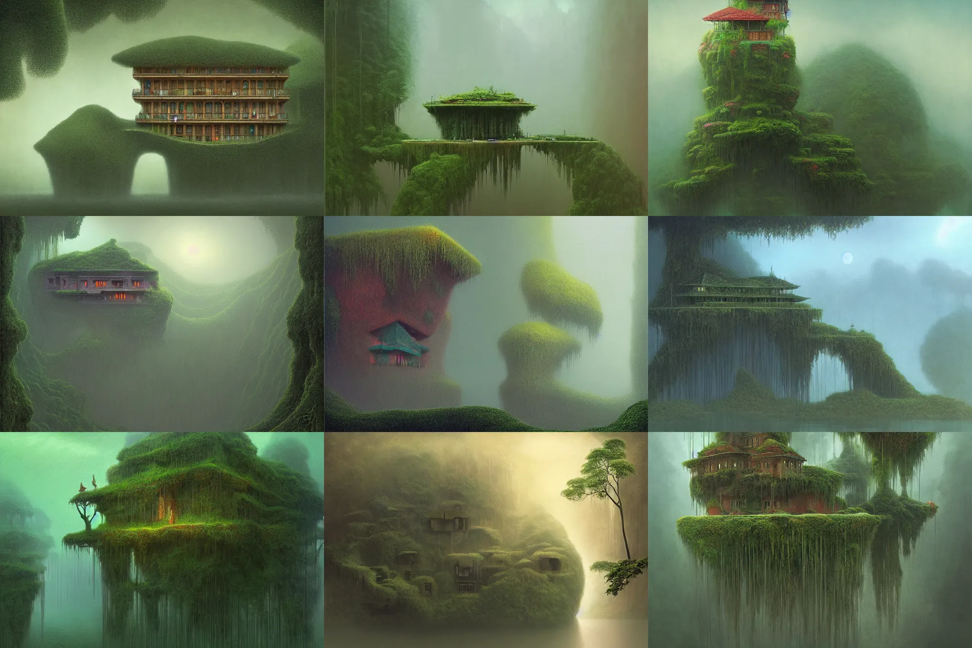 Prompt: floating mansion in a rainforest in the style of zdzislaw beksinski, digital art