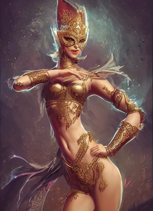 Image similar to a highly detailed illustration of a masked elegant elf arabian dancer, gracefully belly dancing pose, waving arms, intricate, elegant, highly detailed, centered, digital painting, artstation, concept art, smooth, sharp focus, league of legends concept art, WLOP