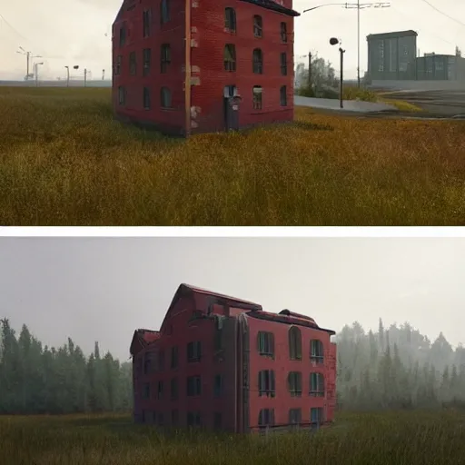 Image similar to single building, simon stalenhag, props, furniture and decor