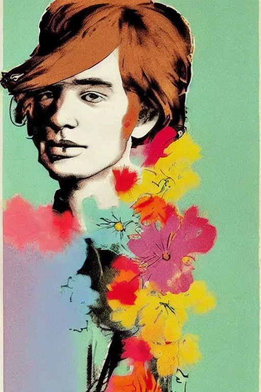 Prompt: andy warhol colorful portrait, bloom flowers, modern, eclectic, illustration, by ramon casas