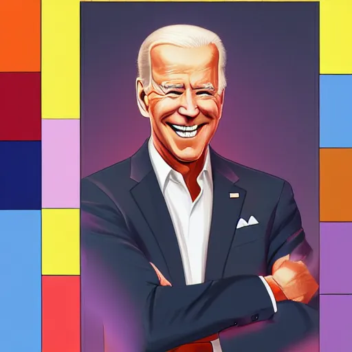 Image similar to Joe Biden wearing a virgin killer, sharp smile, dream fuel, optimistic colors, by artgerm