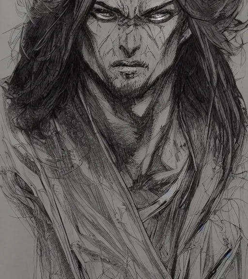 Prompt: portrait of anime giga chad with long hair wearing a dark robe, pen and ink, intricate line drawings, by craig mullins, ruan jia, kentaro miura, greg rutkowski, loundraw