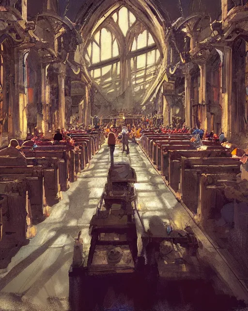 Image similar to craig mullins and ghibli digital illustration of a crowd in a futuristic church, priest, pews, ethereal, inviting, bright, raking light, unreal engine, hyper realism, realistic shading, cinematic composition, realistic render, octane render, detailed textures, photorealistic, wide shot