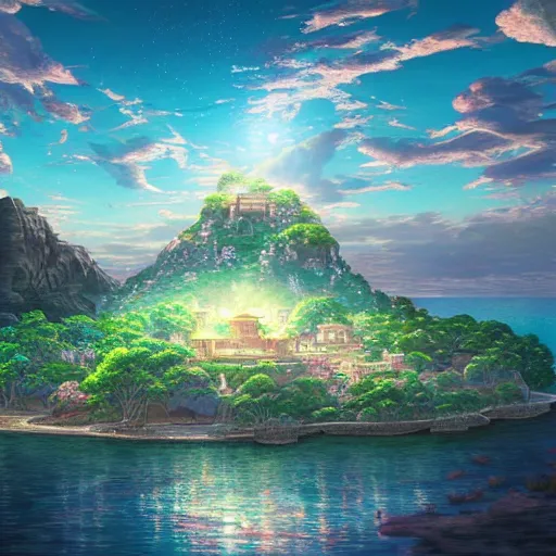 Image similar to the aesthetic view of the beautiful, grand, wistful, dreamy lonely island at dusk, hyperrealistic anime illustration by iralki nadar, colorful, extremely detailed, intricate linework, super sharp focus, bright colors, octopath traveler, studio ghibli, unreal engine 5 highly rendered, global illumination, radiant light, detailed and intricate environment