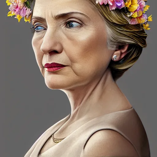 Image similar to side portrait of Hillary Clinton, blond hair, flower crown, white dress, headshot, hyper realistic, pale skin, 4k, rule of thirds, beautiful eyes, extreme detail, detailed drawing, trending artstation, hd, fantasy, D&D, realistic lighting, by Alphonse Mucha, Greg Rutkowski, sharp focus, backlit, elegant