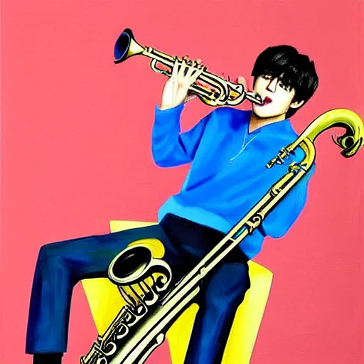 Prompt: taehyung wearing stylish clothes and playing saxophone, painting 8 0 s advertisement