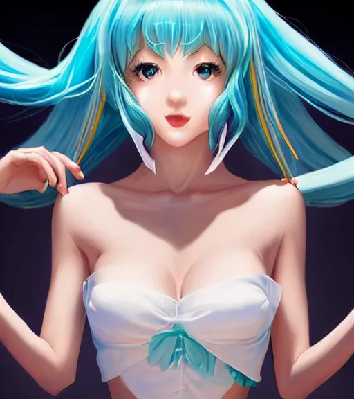 Prompt: Beautiful Hatsune miku by artgerm, magali villeneuve, Gil Elvgren, Earl Moran, Enoch Bolles, symmetrical shoulders, opened mouth, anime art