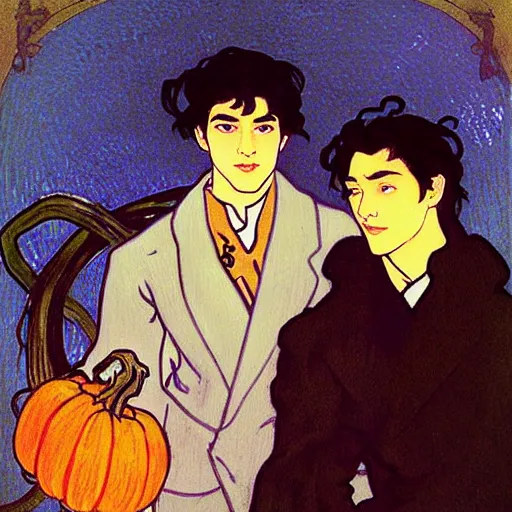 Image similar to painting of young cute handsome beautiful dark medium wavy hair man in his 2 0 s named shadow taehyung and cute handsome beautiful min - jun together at the halloween! party, bubbling cauldron!, candles!, smoke, autumn! colors, elegant, wearing suits!, clothes!, delicate facial features, art by alphonse mucha, vincent van gogh, egon schiele