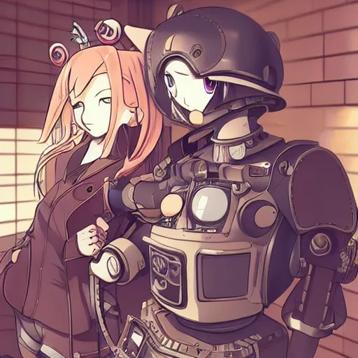 Image similar to a robotic steampunk human and cat, anime, wholesome, detailed,