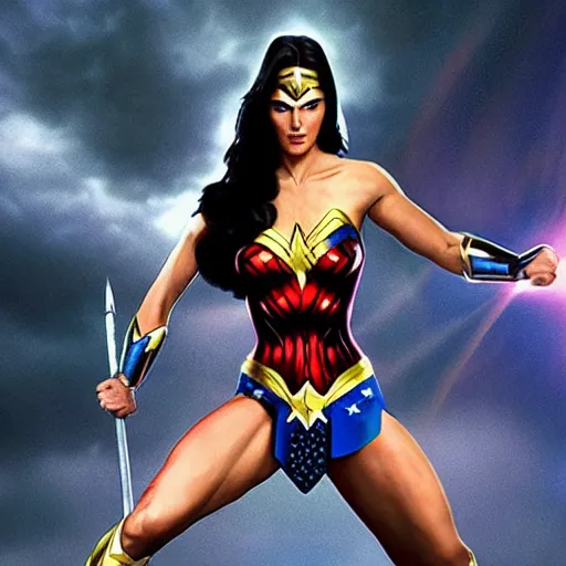 Image similar to A wide angle shot of athletic Wonder Woman from Justice League movie with athletic body, by Alex Ross