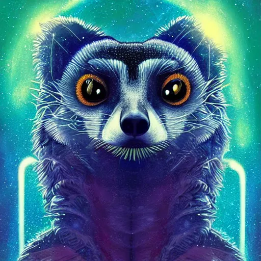 Image similar to geometric symmetrical lemur with galaxy eyes in space, nebula in the background, intricate, elegant, highly detailed, digital painting, artstation, concept art, smooth, sharp focus, illustration, art by artgerm