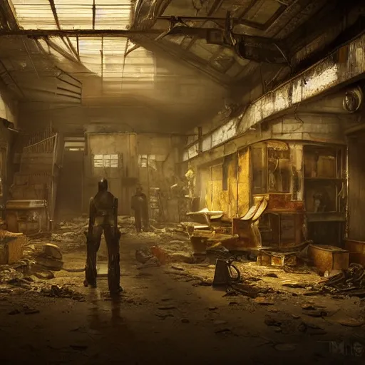 Prompt: fallout 5, indoors dilapidated shop interior, atmospheric lighting, painted, intricate, volumetric lighting, beautiful, daytime, sunny weather, slight overcast, golden hour, sharp focus, deep colours, ultra detailed, by leesha hannigan, ross tran, thierry doizon, kai carpenter, ignacio fernandez rios