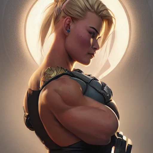 Image similar to full figure ultra realistic illustration, zarya from overwatch played by margot robbie, intricate, elegant, highly detailed, digital painting, artstation, concept art, smooth, sharp focus, illustration, art by artgerm and greg rutkowski and alphonse mucha