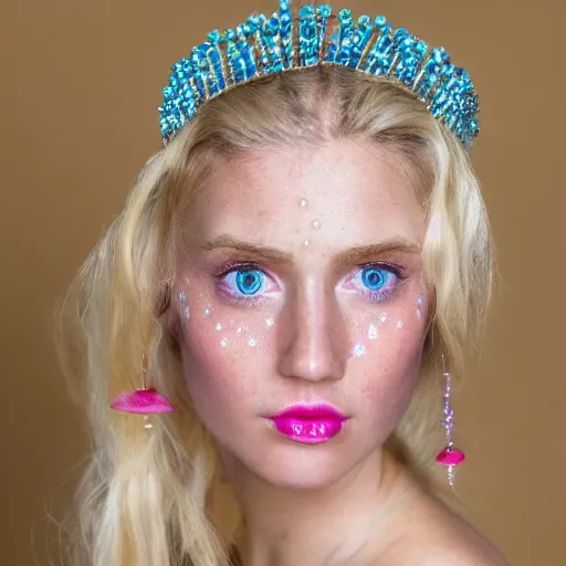 Prompt: close up headshot of a princess with long blonde hair and light blue eyes wearing a strapless elaborately beaded pink dress, high resolution film still, 8k, HDR color, film by Simon Langton and David Frankel, triangular face, slight freckles, round narrow chin, straight jawline, subtle light pink lipstick, cheekbones