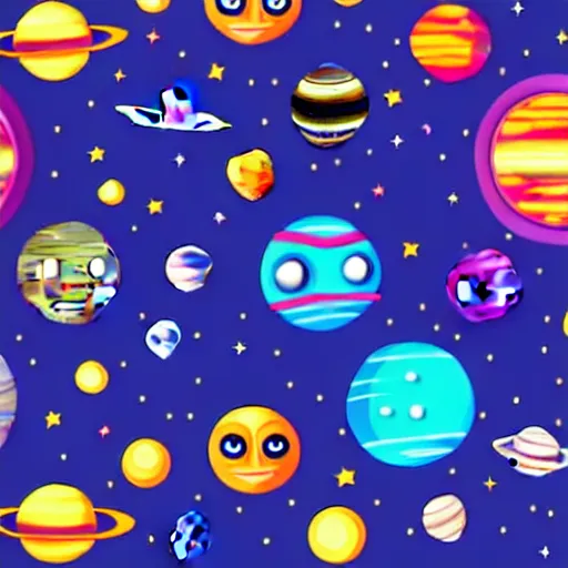 Prompt: outer space view of living planet with cartoon faces, style by kurzgesagt and pixar and dreamworks and disney