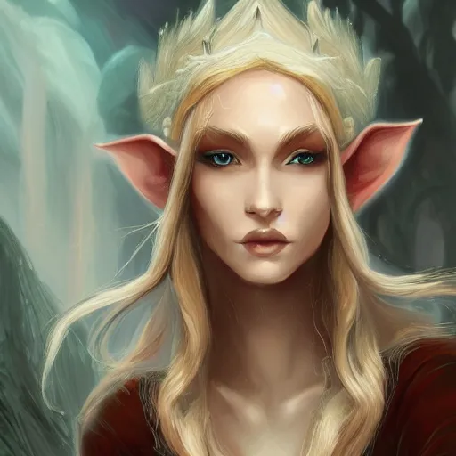 Image similar to an elf wizard, female, auburn and blonde two toned hair, fantasy, d & d, intricate, elegant, highly detailed, digital painting, artstation, concept art, matte, sharp focus, illustration, in the style of magic the gathering