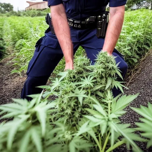 Image similar to police man harvesting weed with a smile, sharp, 8k, detailed face