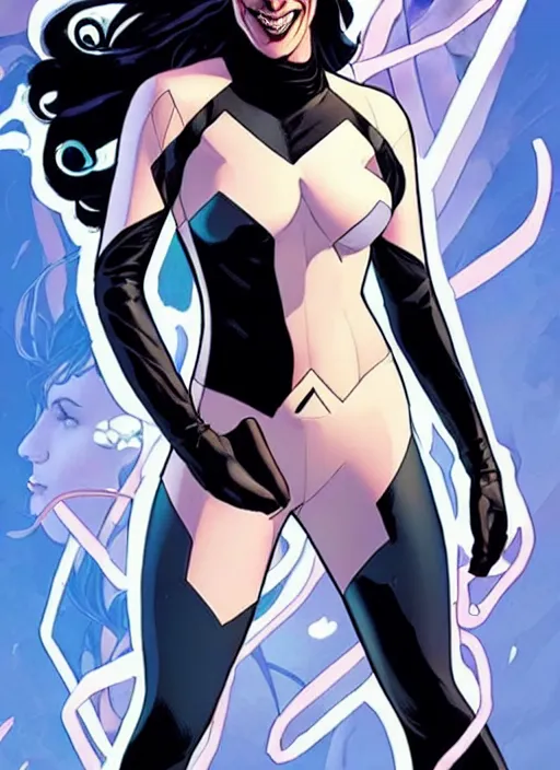 Prompt: Rafeal Albuquerque comic art, Joshua Middleton comic art, pretty female very pale white skin Phoebe Tonkin as Domino superhero X-MEN comics, black spot over left eye, fun smile, full body x-force outfit, long wavy black hair:: sunny weather::