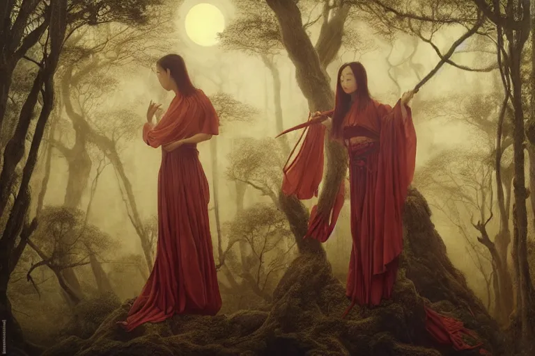 Prompt: wuxia, forest, moonlight, gemma chen, madison beer, pinup, intricate beautiful faces, painting by agostino arrivabene, vanessa beecroft, anka zhuravleva, mary jane ansell, peter mohbacher, gerald brom