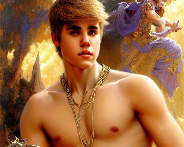 Image similar to attractive justin bieber as a god. highly detailed painting by gaston bussiere, craig mullins, j. c. leyendecker 8 k