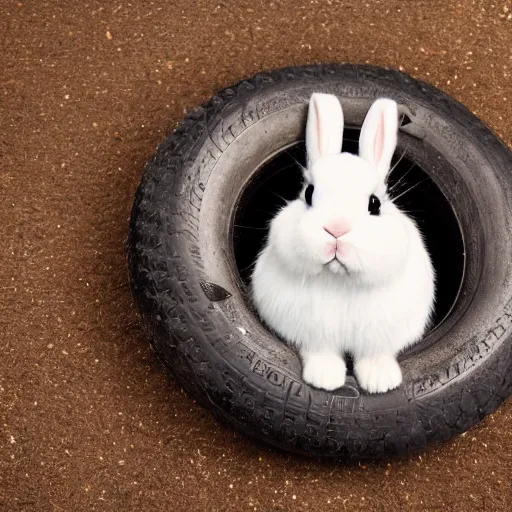 Image similar to a cute bunny sitting on a tire, studio photo, high quality