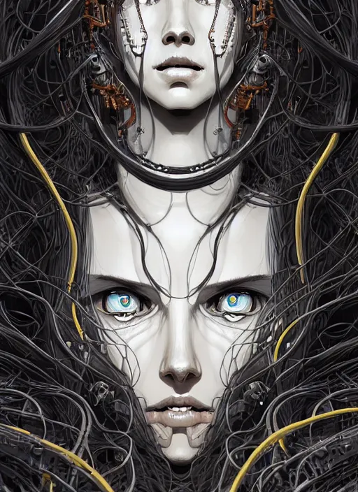 Image similar to highly detailed portrait of a biomechanical long curly white hair tribal lady, stray wiring by atey ghailan, james gilleard, by joe fenton, by greg rutkowski, by greg tocchini, by kaethe butcher, 4 k resolution, gradient yellow, black and white color scheme!!! ( ( dystopian robotic pyramid tomb background ) )