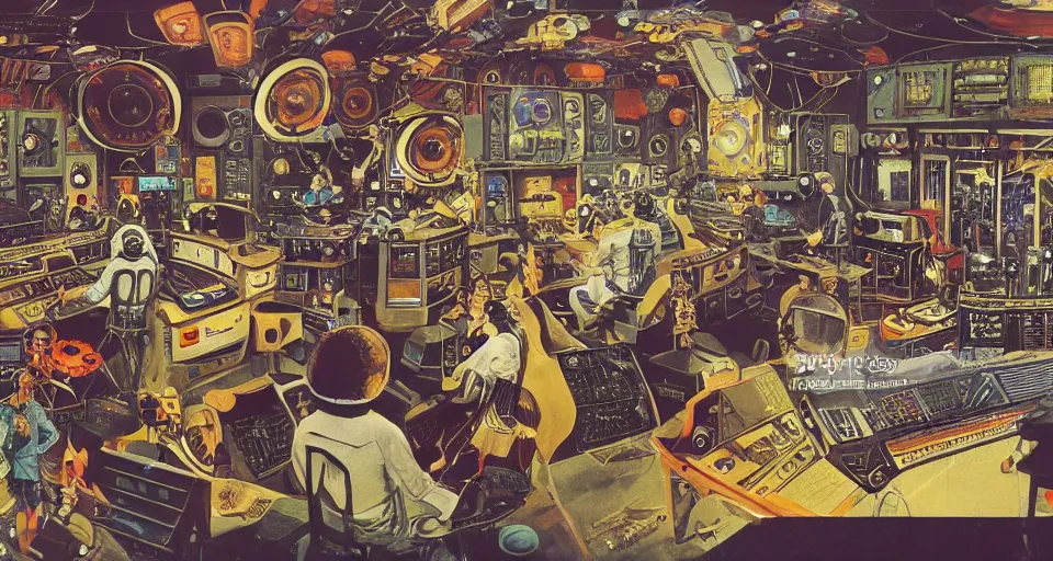 Image similar to collage wide angle view of highly detailed 70s scifi illustration collage of a space station interior with robots playing musical instruments in a music studio