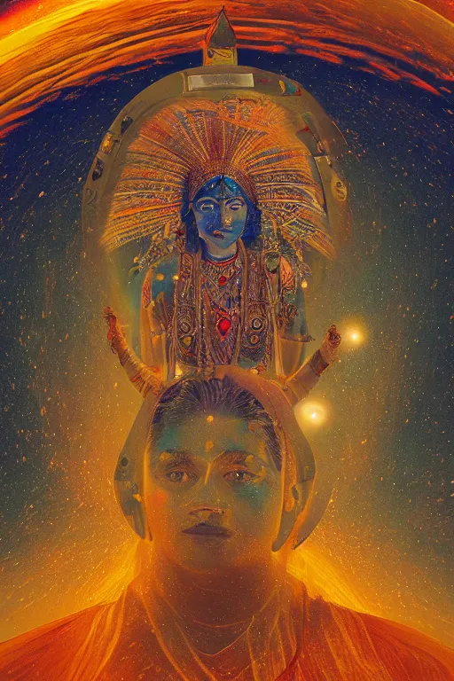 Image similar to a hyperrealistic portrait of an Indian diety flying in the cosmos, by rlon wang, 8k