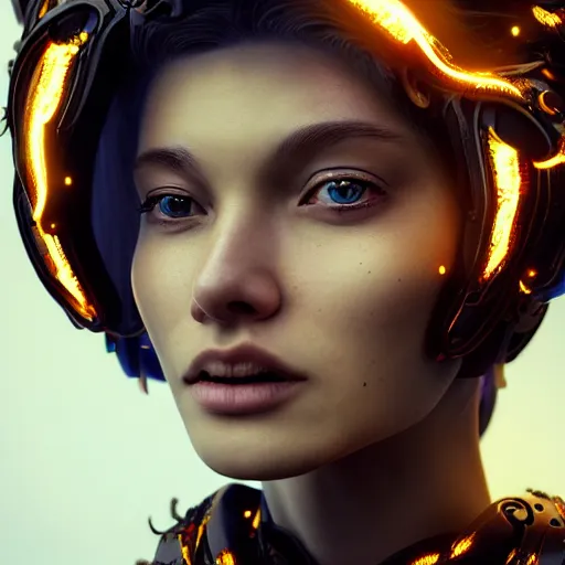 Prompt: Beautiful female cyborg close-up portrait slavic princess queen, ancient high tech, cyberpunk, dystopian, jellyfish phoenix dragon, butterfly squid, burning halo, intricate artwork by Tooth Wu and wlop and beeple, greg rutkowski and artgerm, cinematic, hyper realism, high detail, octane render, unreal engine, 8k, Vibrant colors, Smooth gradients, High contrast, depth of field, aperture f1.2