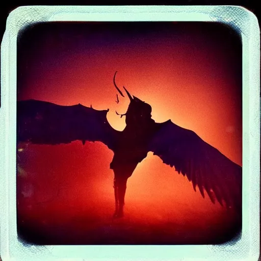 Image similar to a dying devil with tar drip wings standing in the shade of the backlit cosmic light, rich decaying bleeding colors a polaroid picture taken by hollywood