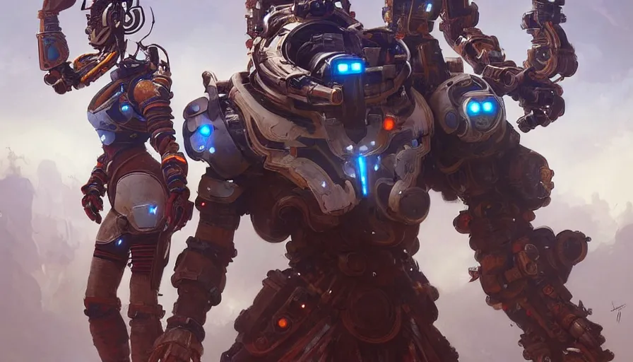 Prompt: two warrior robot astronauts, floral! looks like a machine from horizon zero dawn designed by apple, posing for a fight, intricate, elegant, highly detailed, digital painting, establishing shot, an epic fantasy, artstation, concept art, smooth, sharp focus, illustration, art by artgerm and greg rutkowski and alphonse mucha, 8 k