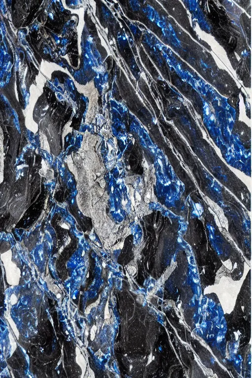 Image similar to dripping melted sapphire on black veined marble hyperrealistic lighting shine baroque rococo