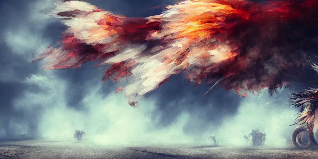 Image similar to muted colorful smoke vaguely reminiscent of dragons, racing with wings outstretched, smoke, distant village background, cgsociety, HDR