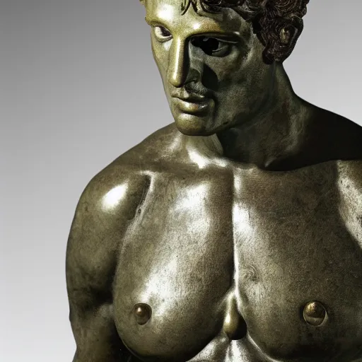 Image similar to An ancient greek bronze statue as The American Psycho, Cinematic still