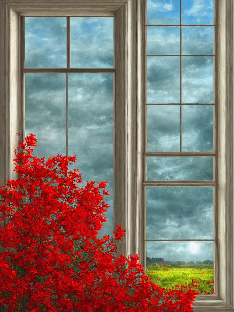 Image similar to a interior photo of a vintage house single window with view to the sunrise near some red flowers, hyperrealistic, digital painting, masterpiece, high quality, highly detailed, high coherence, path traced, serene landscape, beautiful, elegant, bloom, godrays, complementary colors, natural lighting, symmetrical, low contrast, geometrically correct