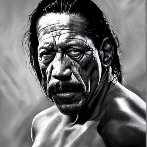 Image similar to ultra realistic portrait painting of danny trejo, art by frank frazetta, 4 k, ultra realistic, highly detailed, epic lighting