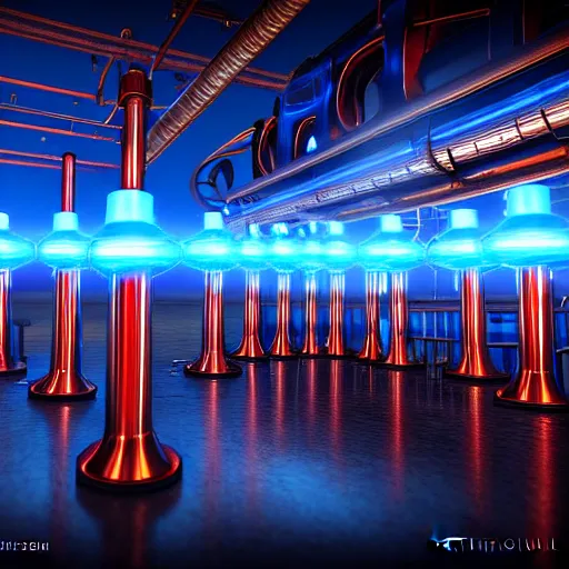 Image similar to photography of a hyper realistic tesla coils, highly detailed blue lighnings arround it. ancient steam punk laboratory background. high detail, professional digital art, unreal engine 5 8 k rendering, stunning, artstation