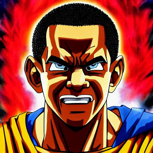 Prompt: ultra realistic portrait painting of barak obama as super saiyan 3 goku, art by akira toriyama, 4 k, dragon ball artstyle, cel shaded, highly detailed, epic lighting