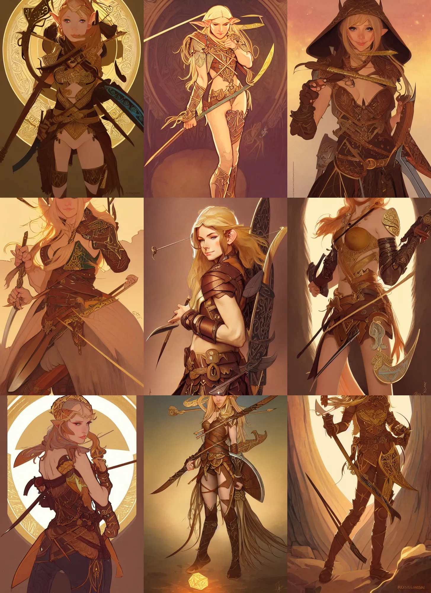 Prompt: beautiful elf archer in the slumps, brown skin, golden hair, skintight brown leather armor, high fantasy, dnd, smooth, sharp focus, illustration, by rossdraws, alphonse mucha, frank fanzzeta