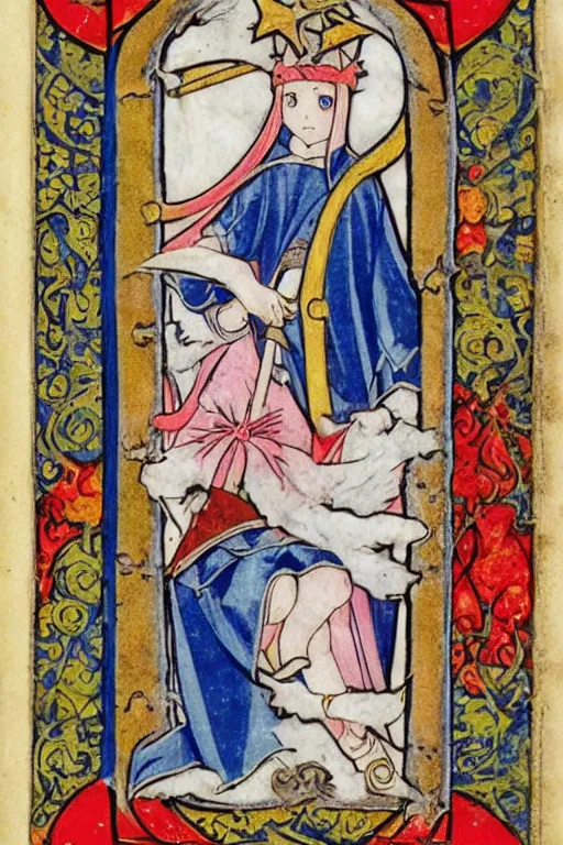 Prompt: magical girl anime madoka magika depicted in a medieval illuminated manuscript bible