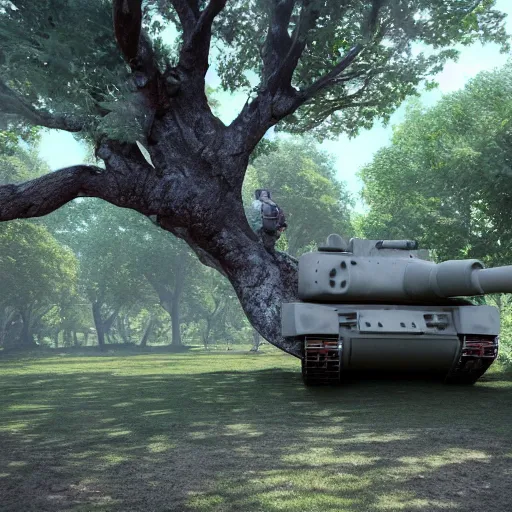 Image similar to a photo of a tank stuck in a giant tree, realistic, ultra high detail, 8 k.
