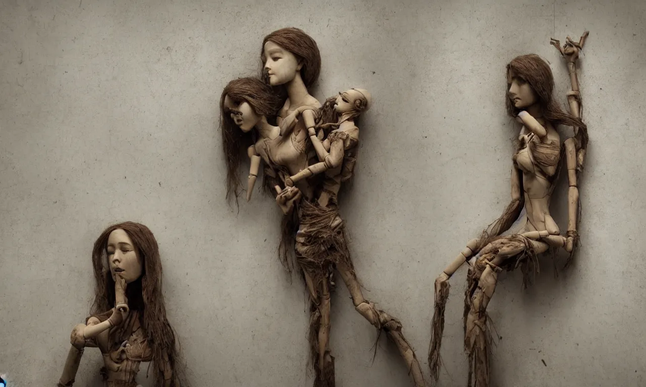 Prompt: a cinematic portrait of a beautiful female jointed wooden doll, holding each other, abandoned, left inside a room in a derelict house, broken toys are scattered around, rubbish, decay, by James C. Christensen, by Tomasz Alen Kopera, by Raphael, by Caravaggio, 8K, rendered in Octane, cinematic, 3D, volumetric lighting, highly detailed, photorealistic, hyperrealism