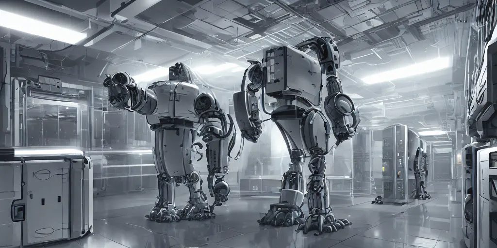 Image similar to parallax datacenter server room single mono colossus white rusty android robosaurus automaton in artstation cinematic